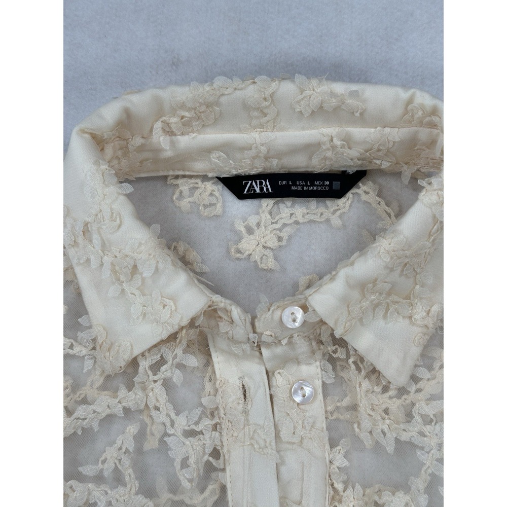 ZARA Cream Sheer Floral Lace Embroidered Cropped Balloon Sleeve Blouse Women's L - Picture 6 of 11